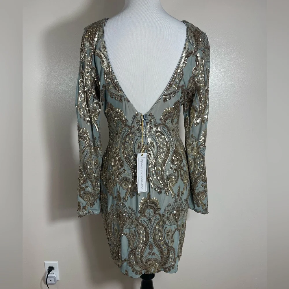 Dress the Population Gold and Shimmery Sage Long Sleeve Dress - Picture 3 of 4